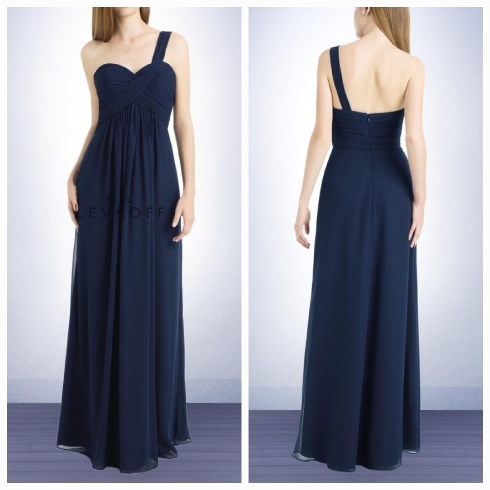 Bill Levkoff One Shoulder Navy Blue Ruched Dress